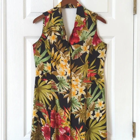 White Stag Y2K Vintage Tropical Floral Sleeveless Button Front Midi Shift Dress - Picture 2 of 12